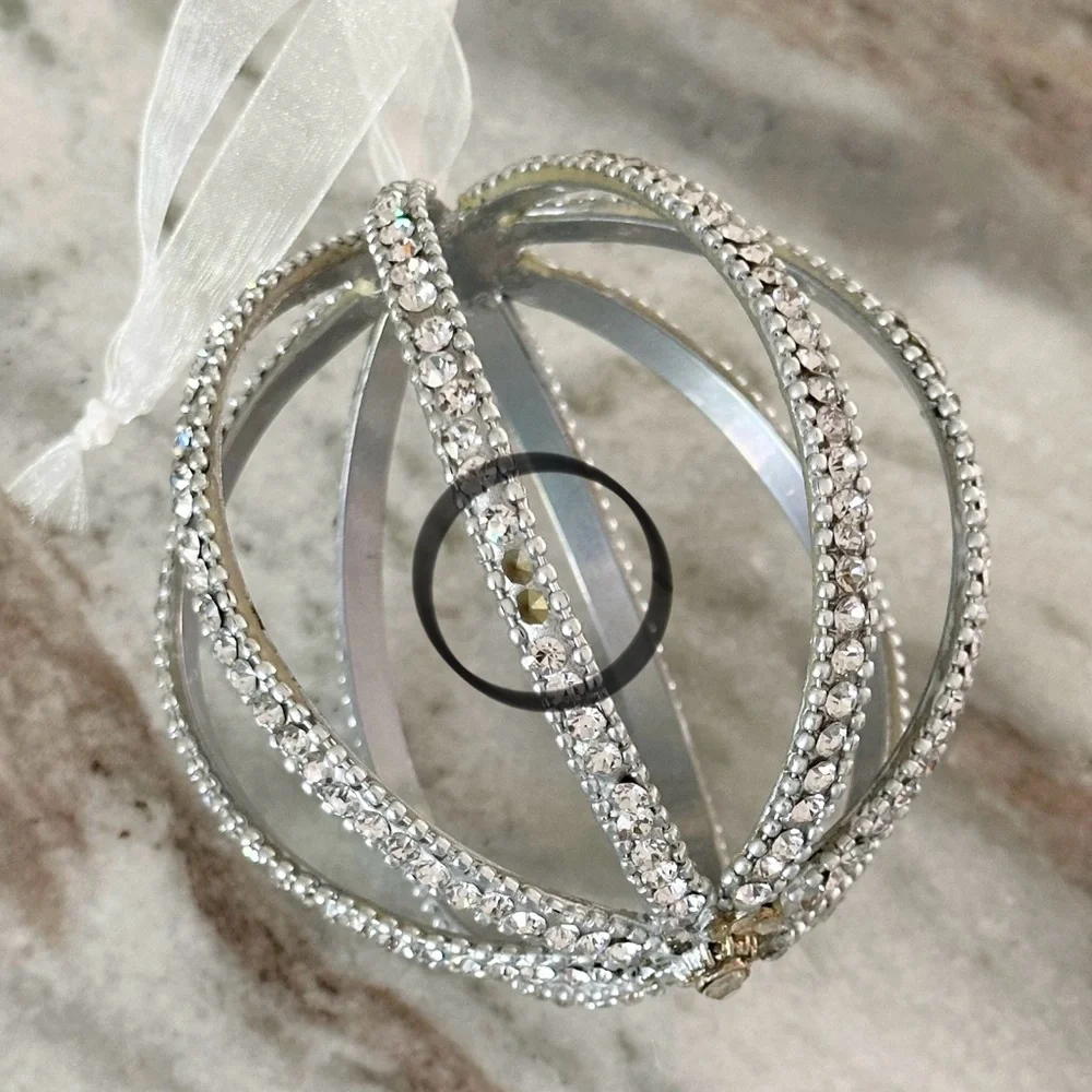 Large Silver Christmas Ornament- Rhinestone Beaded Sparkly Jewel Holiday Decor